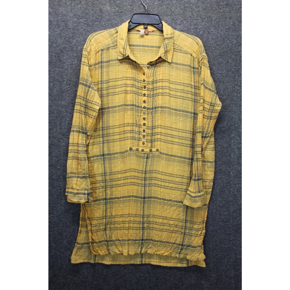 Anthropologie Pilcro Crinkle Gauze Plaid Long Tunic Top Size XL Yellow